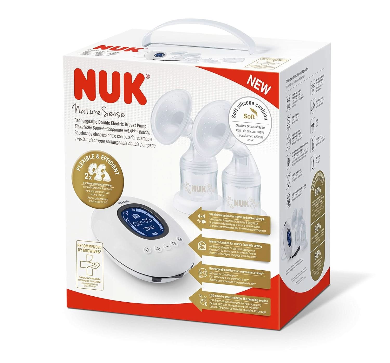 NUK Nature Sense dupla elektromos mellszívó | Akkuval, LCD kijelzővel 2X tartály 150 ml-es anyatejhez Kiegészítők Élelmiszer és szoptatás Bebe Naty Shop