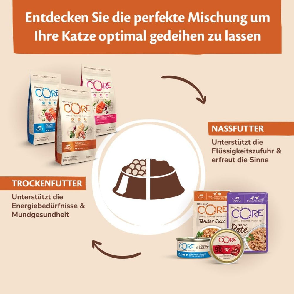 Wellness CORE 98% 12 x 85g, Pui și Somon – Hrană umedă pentru pisici, pate gros, fără cereale, naturală, hipoalergenică, bogată în proteine, conținut ridicat de carne