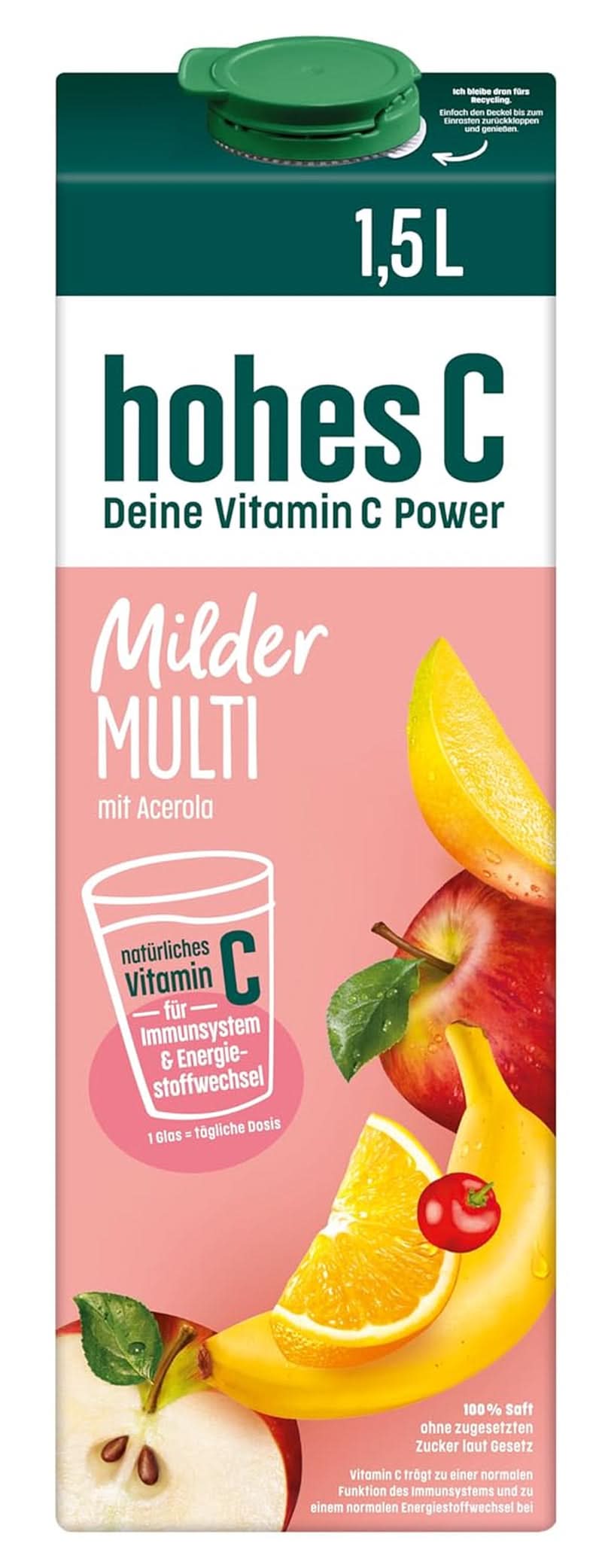 High C Mild Multivitamin (1 x 1,5 l), 100% gyümölcslé, alma, narancs, acerola, mangó, 7 vitamin, törvény szerint hozzáadott cukrot nem tartalmaz, kevesebb sav, Vegán alkoholmentes italok Naty Shop