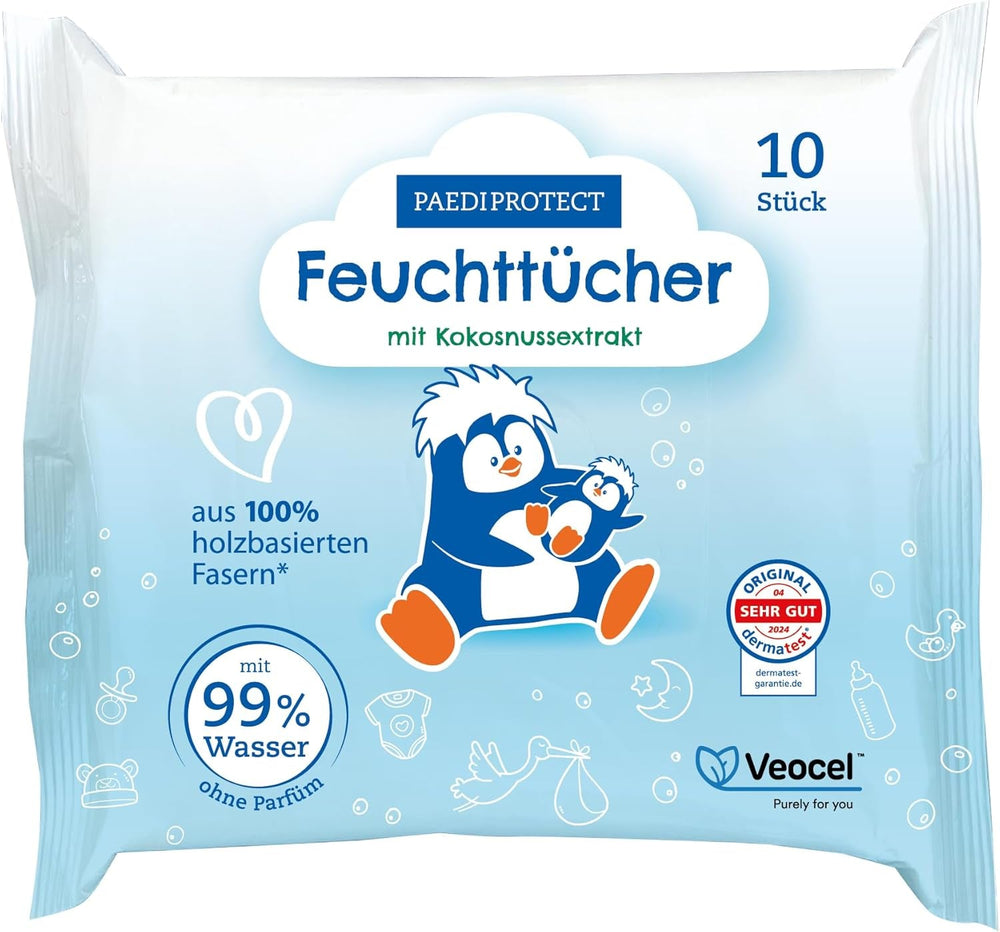 Șervețele umede PAEDIPROTECT pentru bebeluși 1 x 10 bucăți, șervețele umede cu apă pentru bebeluși sensibili cu 99% apă, fără parfum, pentru pielea delicată a bebelușilor și copiilor, cu extract de cocos, fără microplastic, vegane (pachet de 5)