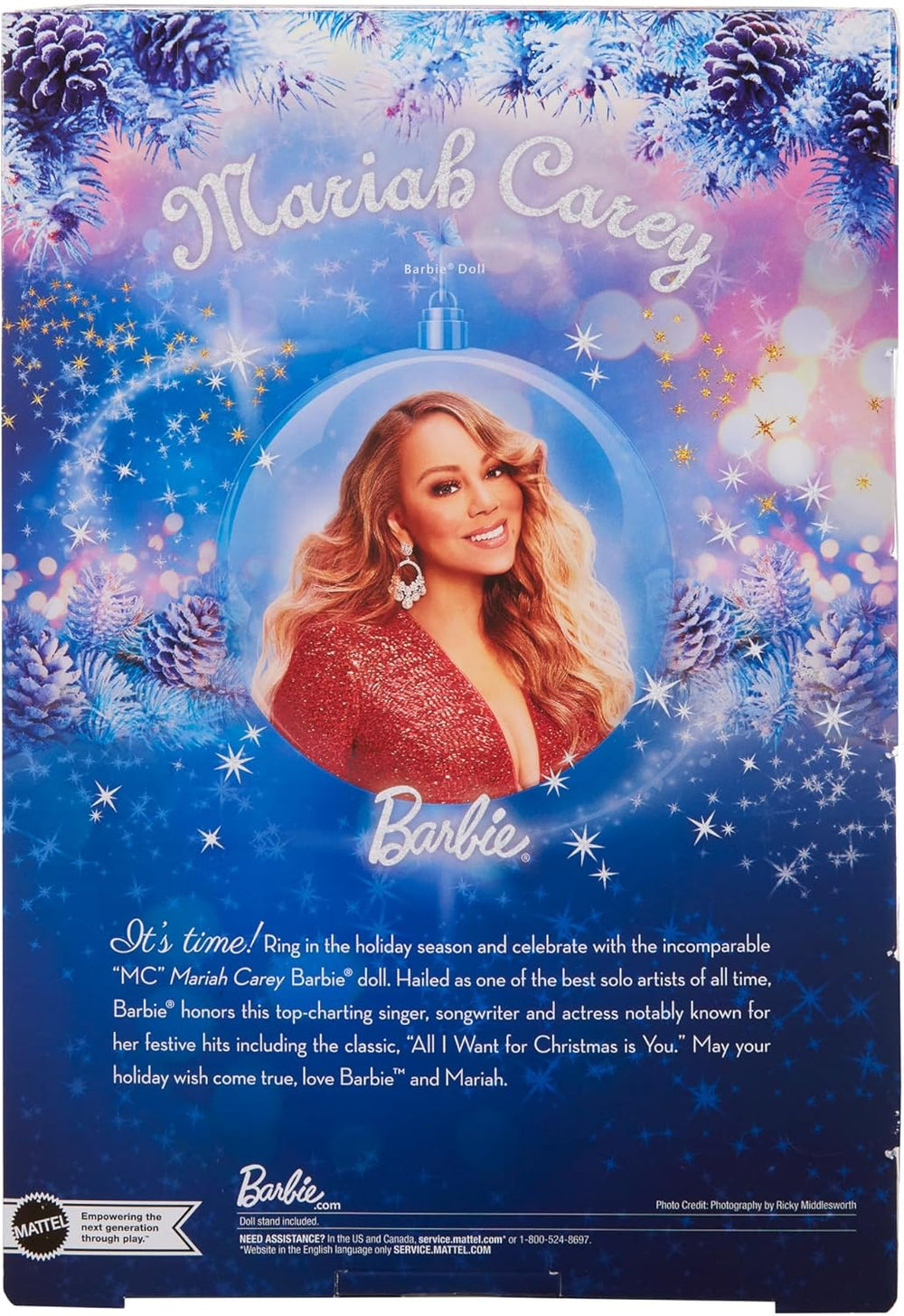 Barbie Mariah Carey - Sammelpuppe mit glänzener red Robe, Rüschen, Schlitz, glamouröse Locken, silberfarbene Accessoires, piros magassarkú, Weihnachtstradition, Dekoráció, HJX17