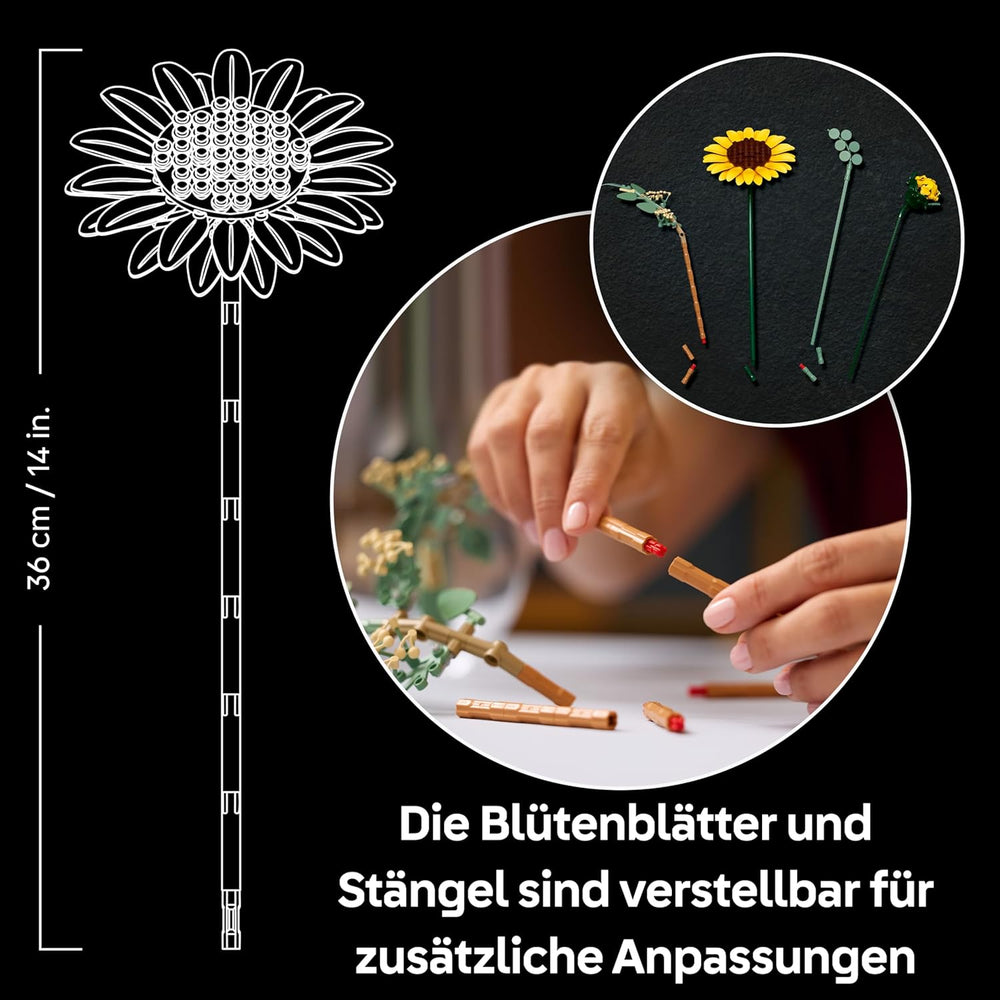 LEGO Botanicals Sonnenblumenstrauß - Kunstblumen Set für Erwachsene - Kunstliche Sonnenblumen & Eucalyptuszweige für Deko im Wohn- oder Schlafzimmer - DIY Giftidee für Frauen - 11502