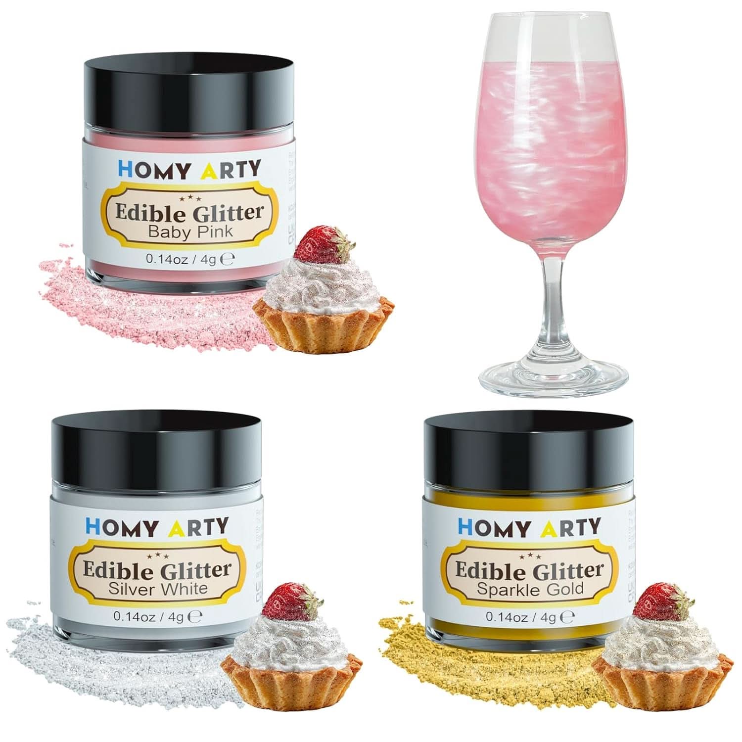 Ehető glitter italokhoz, 4 grammos Glitter Naty Shop Set 3 színben