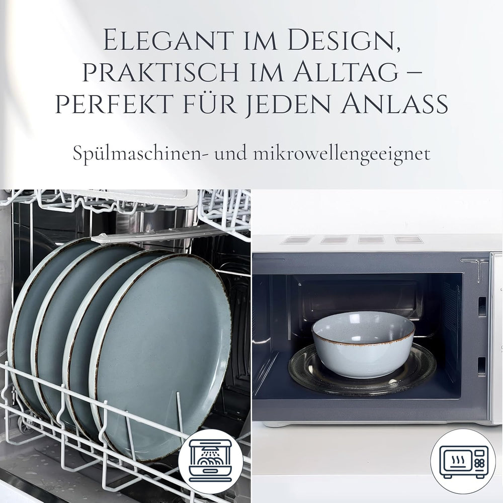 Steingut Geschirrset 6 Personen Rustic 24 tlg. TESTSIEGER, Hochwertiges Landhaussttil Steingut Geschirr Set, Schüssel- und Teller Set, Tafelservice 6 Personen, Geschirrsets Pure Living in Rauchblau