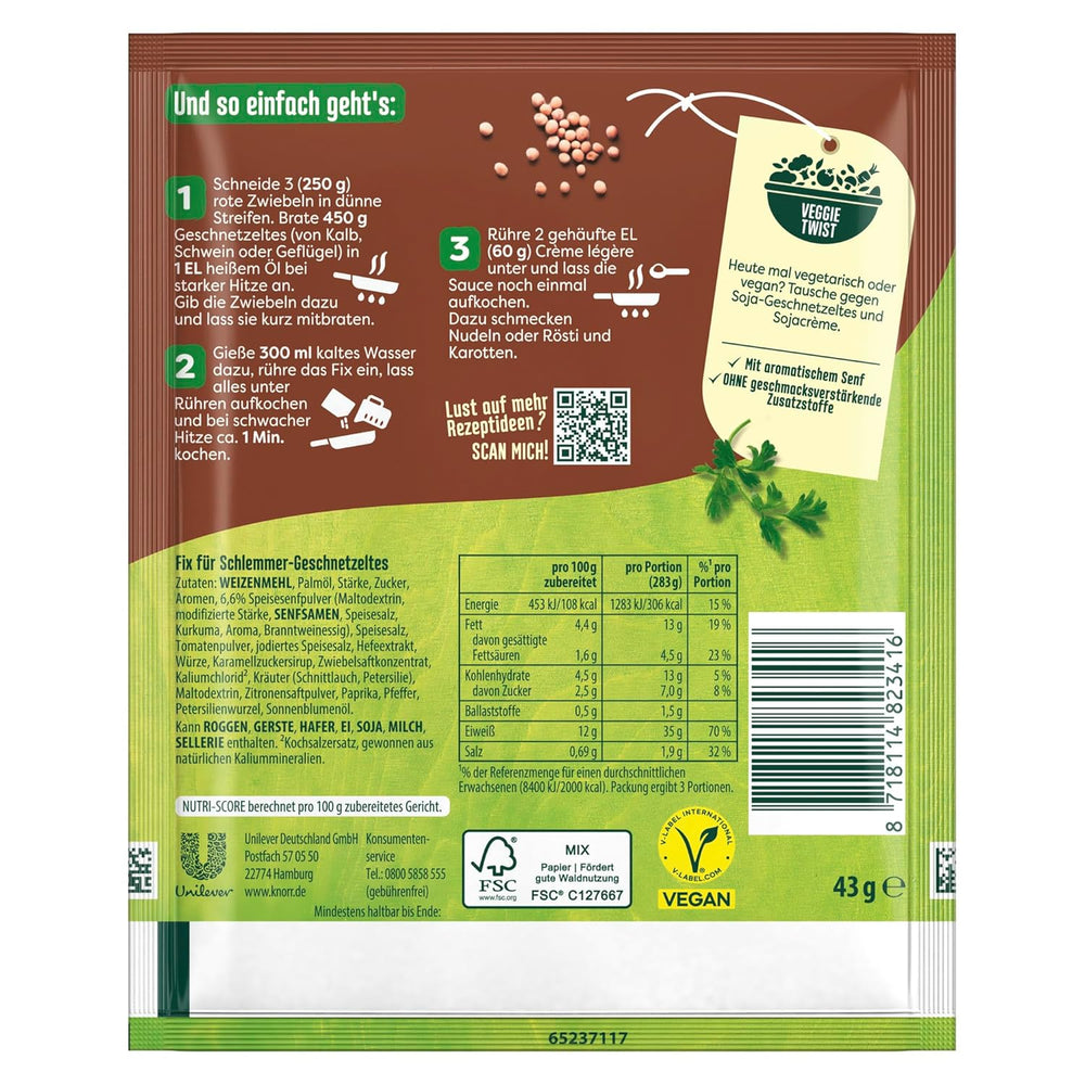 Knorr Fix Würzmischung Schlemmer-Geschnetzeltes für ein leckeres Fleischgericht ohne geschmacksverstärkende Zusatzstoffe 43 g 1 Stück