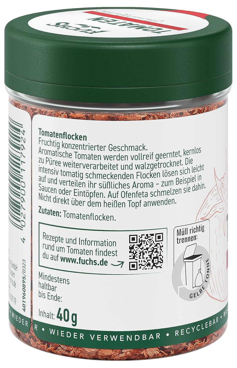 Fuchs Gewürze - Tomaten Flocken - Gewürz für Ofenfeta oder tomatigen Geschmack in Saucen - természetes összetevők - 40 g wiederverwendbarerben, recyclebarer Dózis