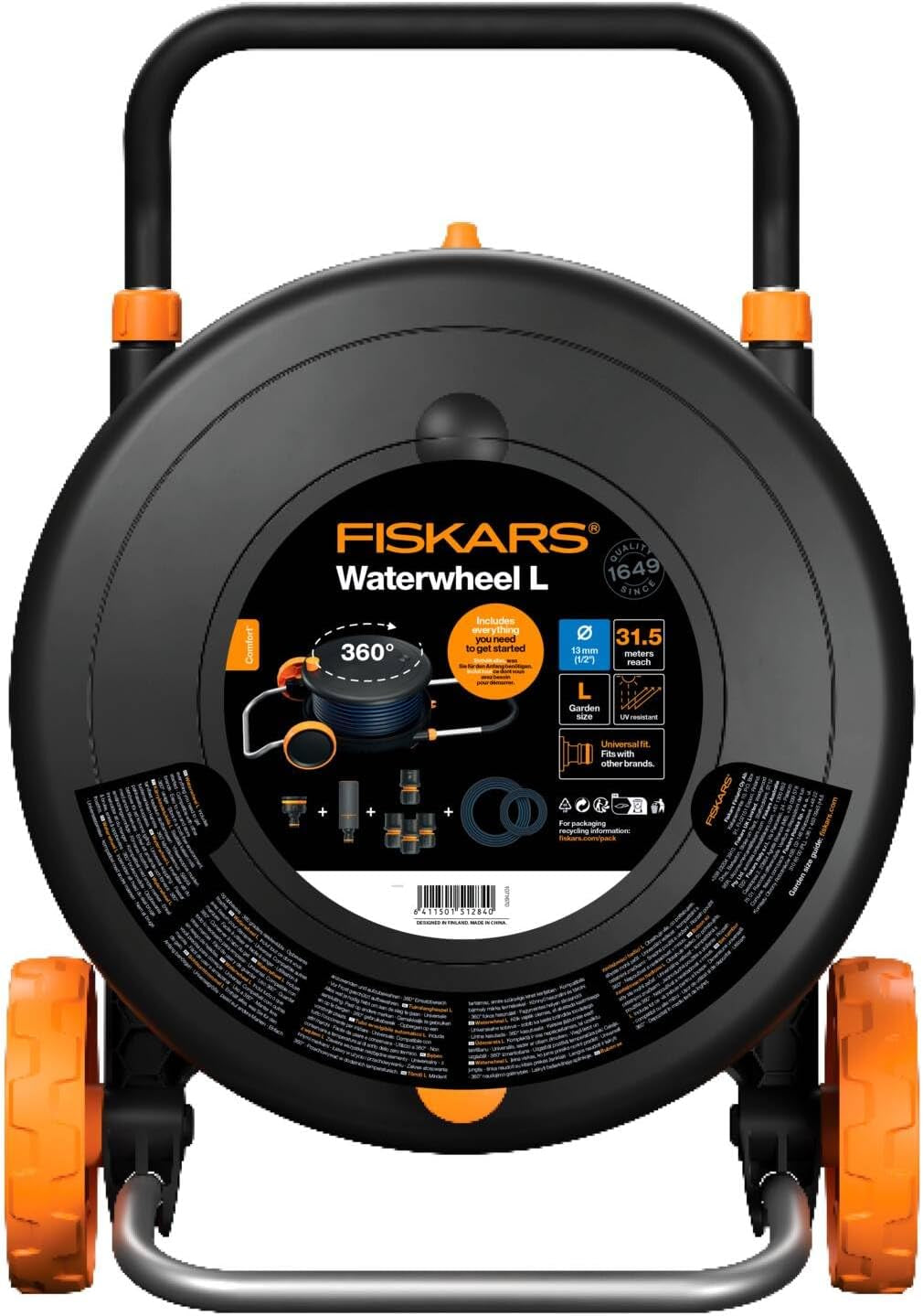 Roată de apă Fiskars Comfort L cu roți, set de udare all-inclusive, rază totală de acțiune de 31,5 m, înfășurare automată, furtun de grădină universal (Ø 13 mm), racord universal pentru robinet, 1071670
