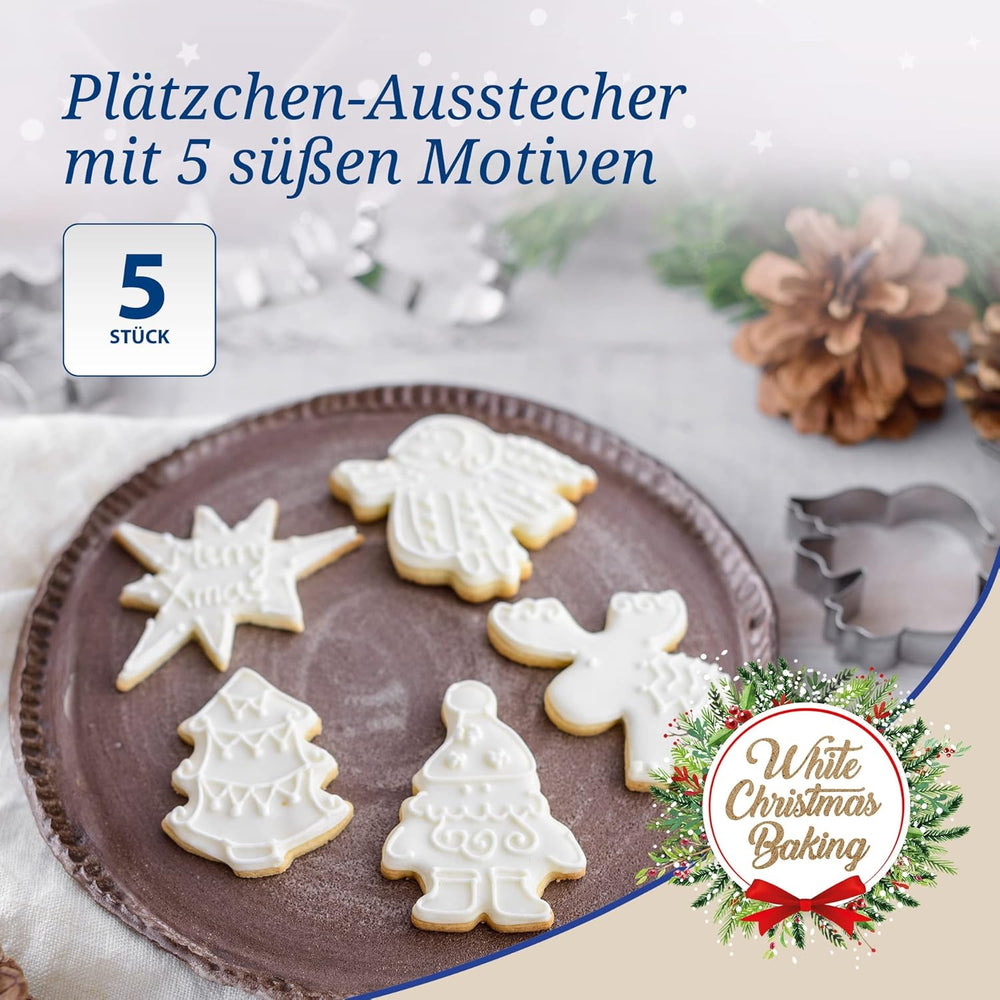 Forme de biscuiți de Crăciun Dr. Oetker, Set de 5 – Forme de biscuiți albe pentru copt de Crăciun – Forme de biscuiți din oțel inoxidabil pentru Crăciun