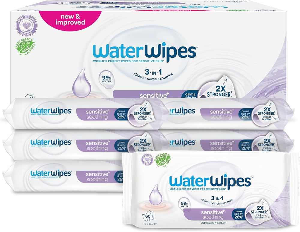 WaterWipes Sensitive+ nyugtató, tiszta nedves törlőkendők, 720 darab (12 csomag), 3 az 1-ben tisztító, ápoló és nyugtató, 99% víz növényi kivonattal, illatmentes baba nedves törlőkendők