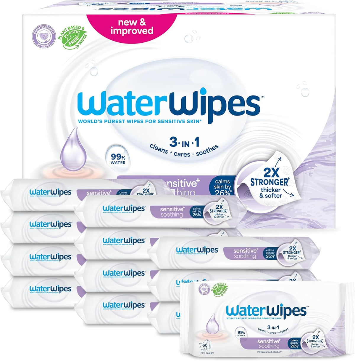 WaterWipes Sensitive+ nyugtató, tiszta nedves törlőkendők, 720 darab (12 csomag), 3 az 1-ben tisztító, ápoló és nyugtató, 99% víz növényi kivonattal, illatmentes baba nedves törlőkendők