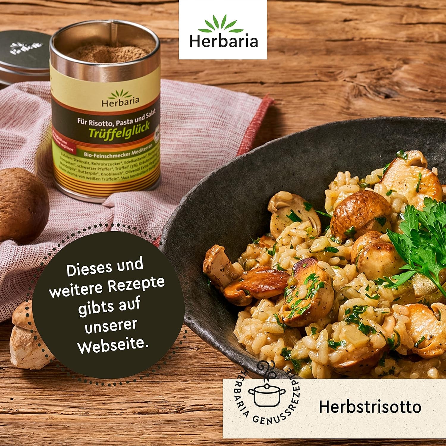 Herbaria Trüffelglück bio 110g M-Dose - Fertiges Bio-Pilz- & Trufflegewürz für intensiv-köstliche Gerichte - mit erlesenen Ingredient - in nachhaltiger Aromaschutz-Dose