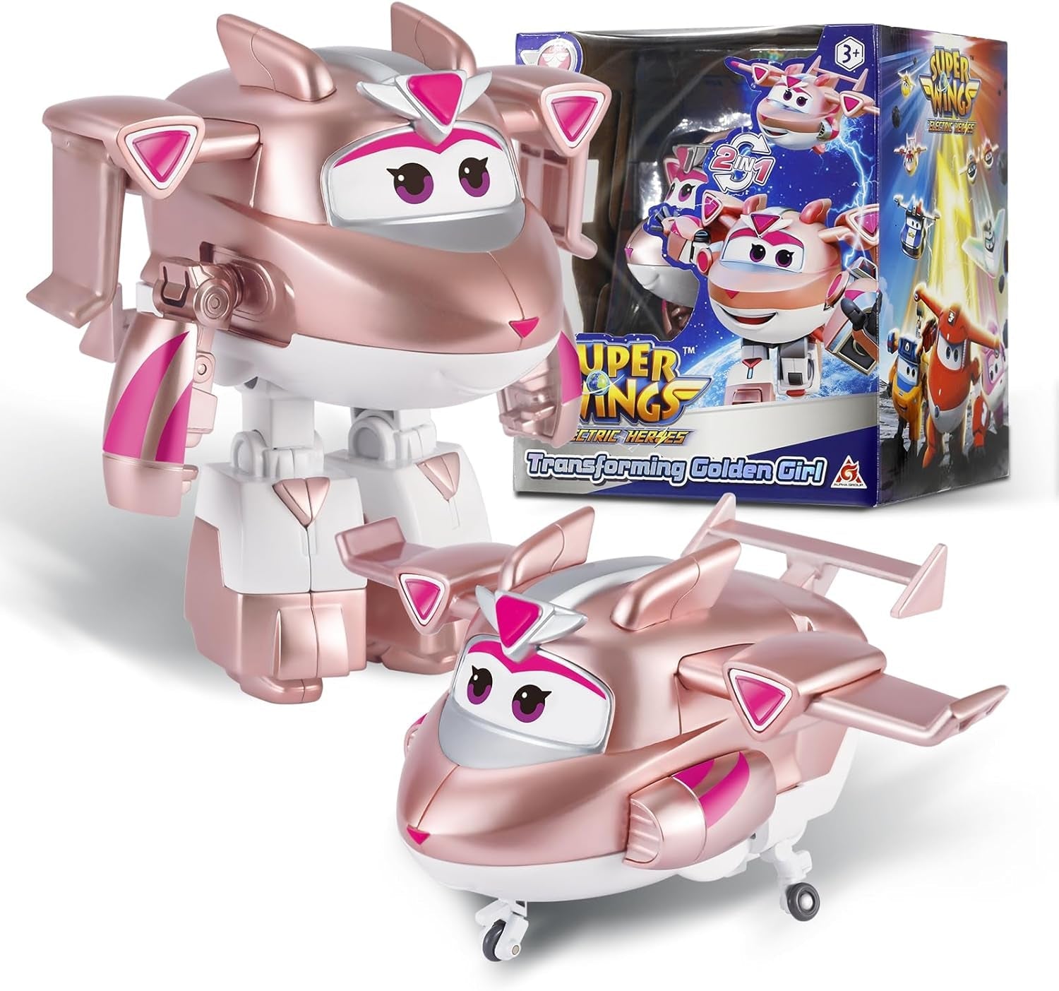 Super Wings Transformation Plane Supercharged Traver, kb. 12,7 cm-es nagy gyerekjáték figura repülőgép és robot figura fiúknak és lányoknak 3 éves kor felett ezüst akciófigurák Naty Shop Gold Girl