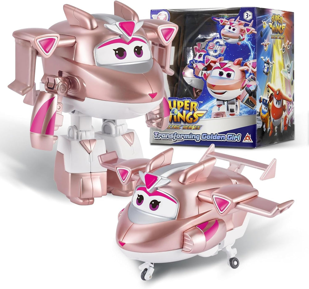 Super Wings Transformation Plane Supercharged Traver, kb. 12,7 cm-es nagy gyerekjáték figura repülőgép és robot figura fiúknak és lányoknak 3 éves kor felett ezüst akciófigurák Naty Shop Gold Girl