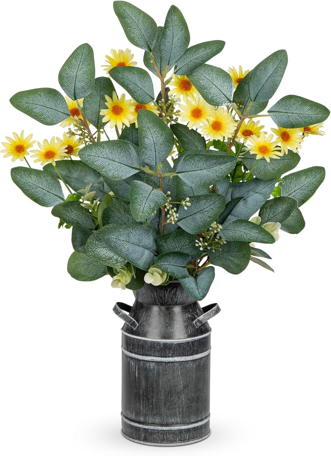 Hollyone Kunstpflanze Eukalyptus in Rustikalen Metall Vase, 45Cm Zimmerpflanzen Künstliche Eukalyptus Mit Lavendel Dekopflanzen Für Bauernhof Haus Hochzeit Tisch Centerpiece Deko