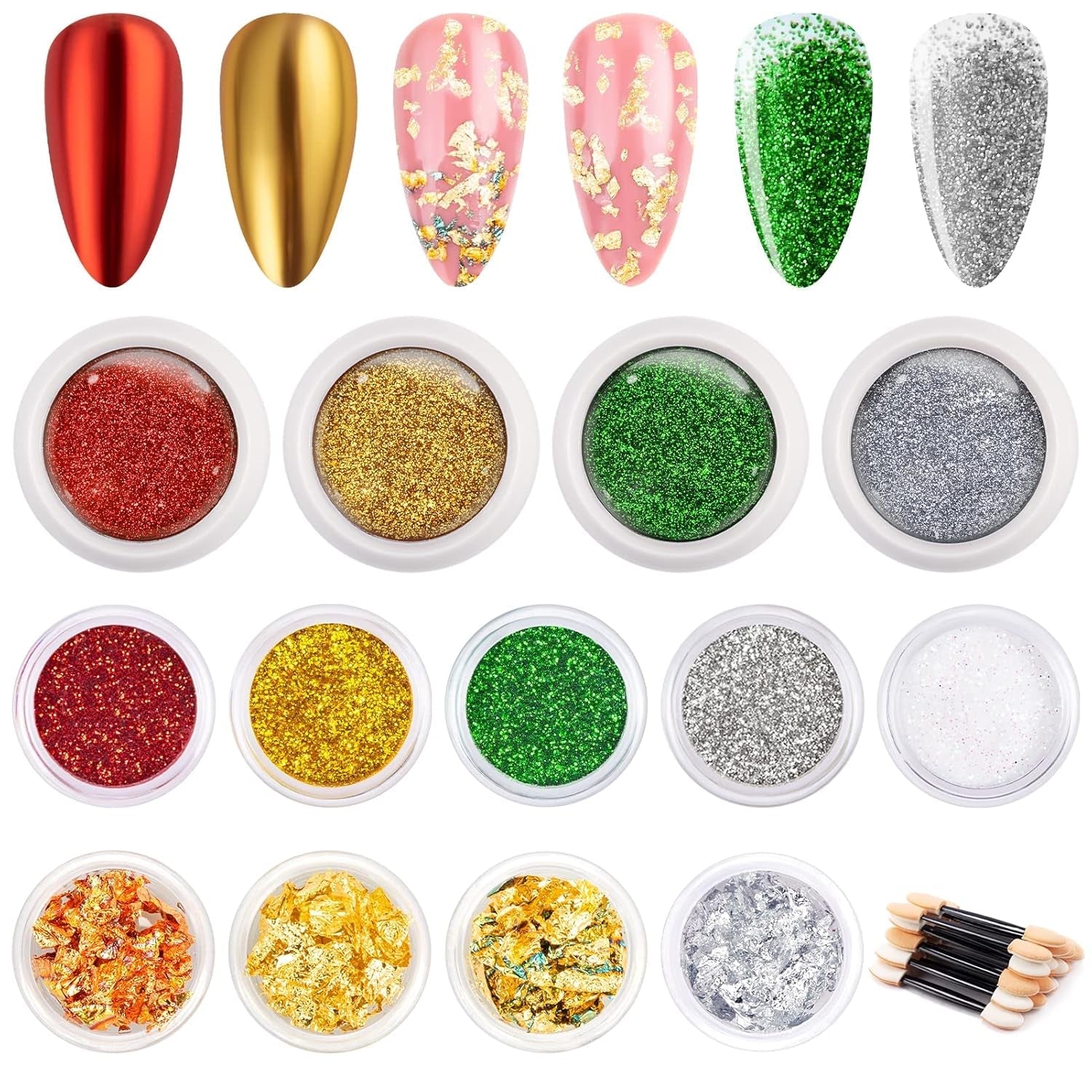 24 Farben Glitzer Set Mit Blattgold Und Glitzerpulver, Nageldesign Zubehör Pailletten Basteln Nail Art Glitter Mit Pinsel Für Nägel Gesicht Körper DIY Nagelkunst Make Up