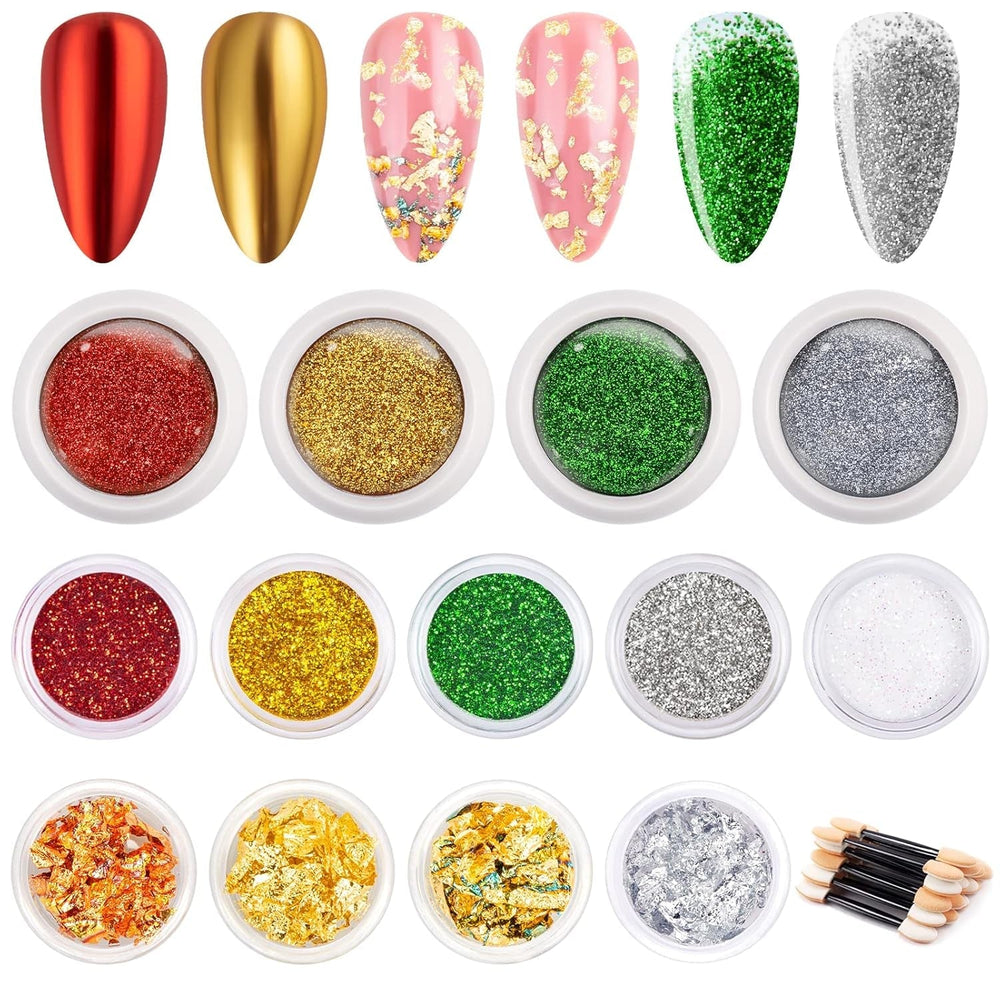 24 Farben Glitzer Set Mit Blattgold Und Glitzerpulver, Nageldesign Zubehör Pailletten Basteln Nail Art Glitter Mit Pinsel Für Nägel Gesicht Körper DIY Nagelkunst Make Up