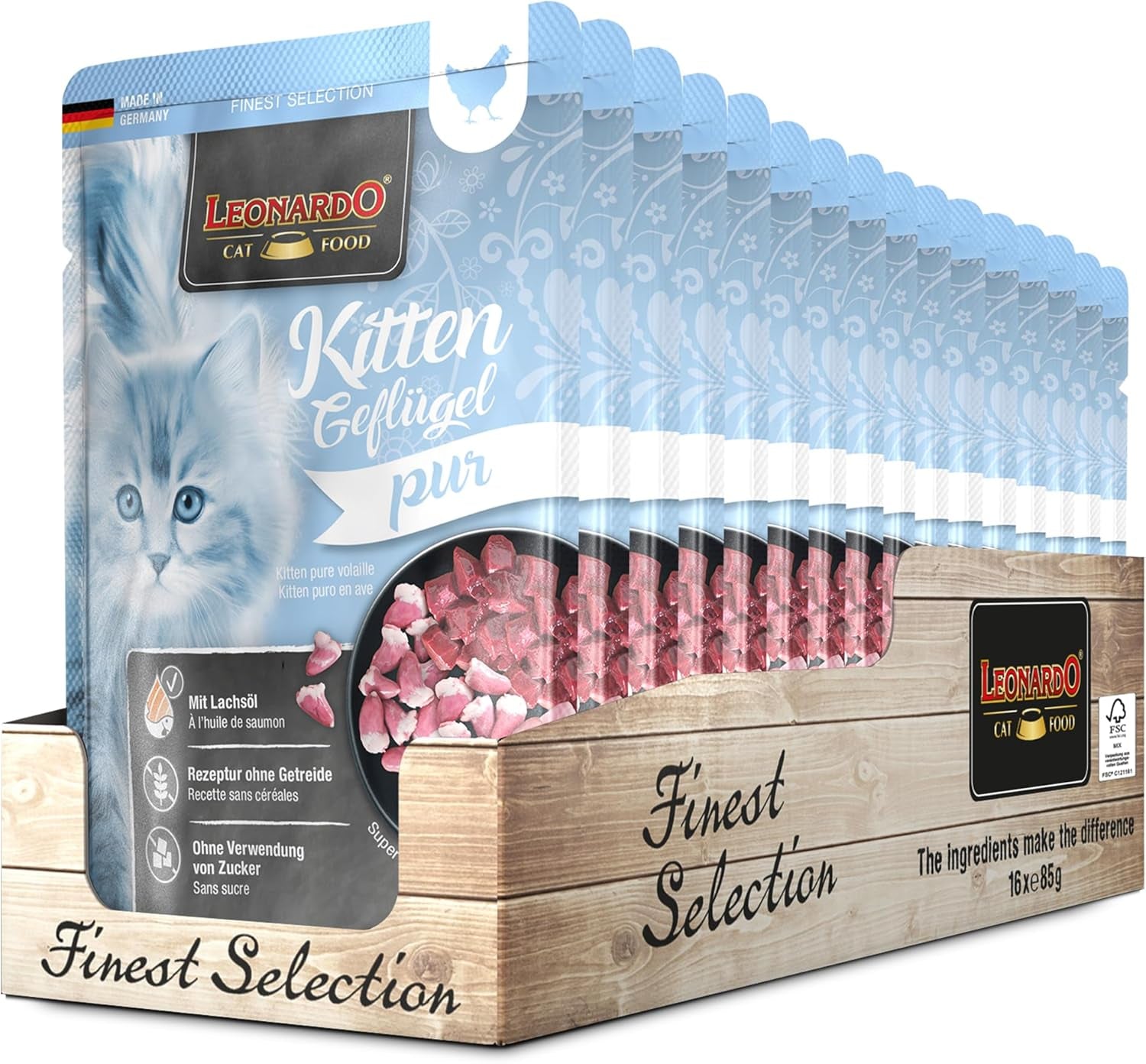 LEONARDO Fresh Pouches [16 x 85g hrană umedă pentru pisici, fără cereale] | Hrană umedă completă în pliculețe individuale