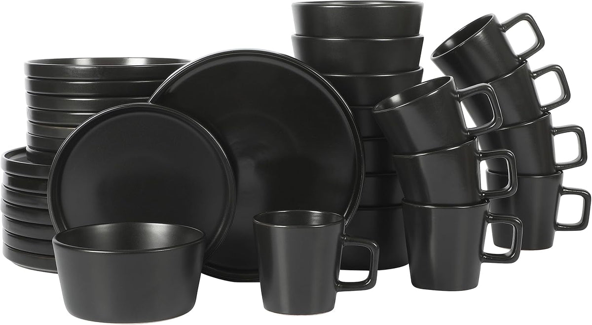 Set de veselă Bowery, 32 de piese, negru mat, gresie, farfurii, boluri și căni, serviciu pentru 8 persoane