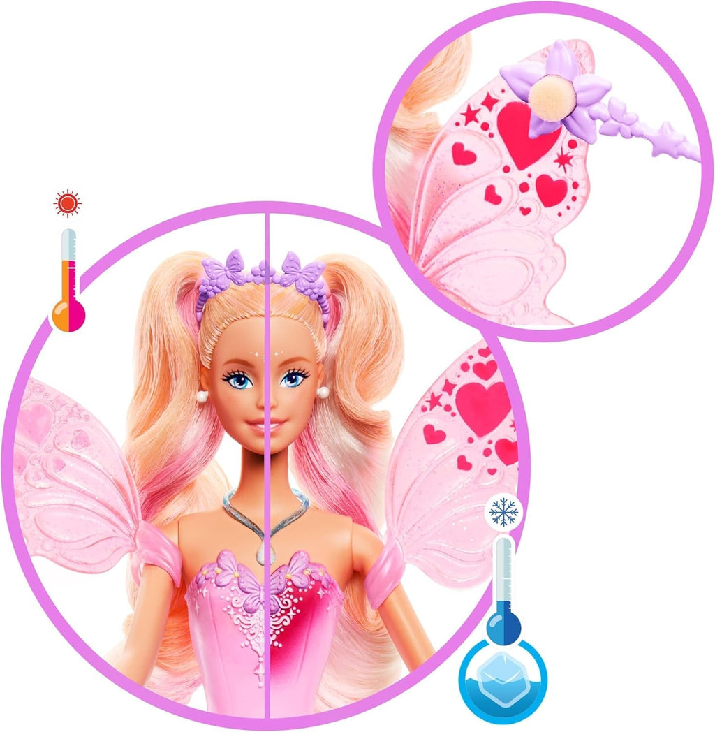 Mattel Barbie Doll Fairy cu baghetă de jucărie și accesorii de modă, temă fantastică cu aripi și ținută care își schimbă culoarea, JCP76, [Multicolor] Papusi Naty Shop