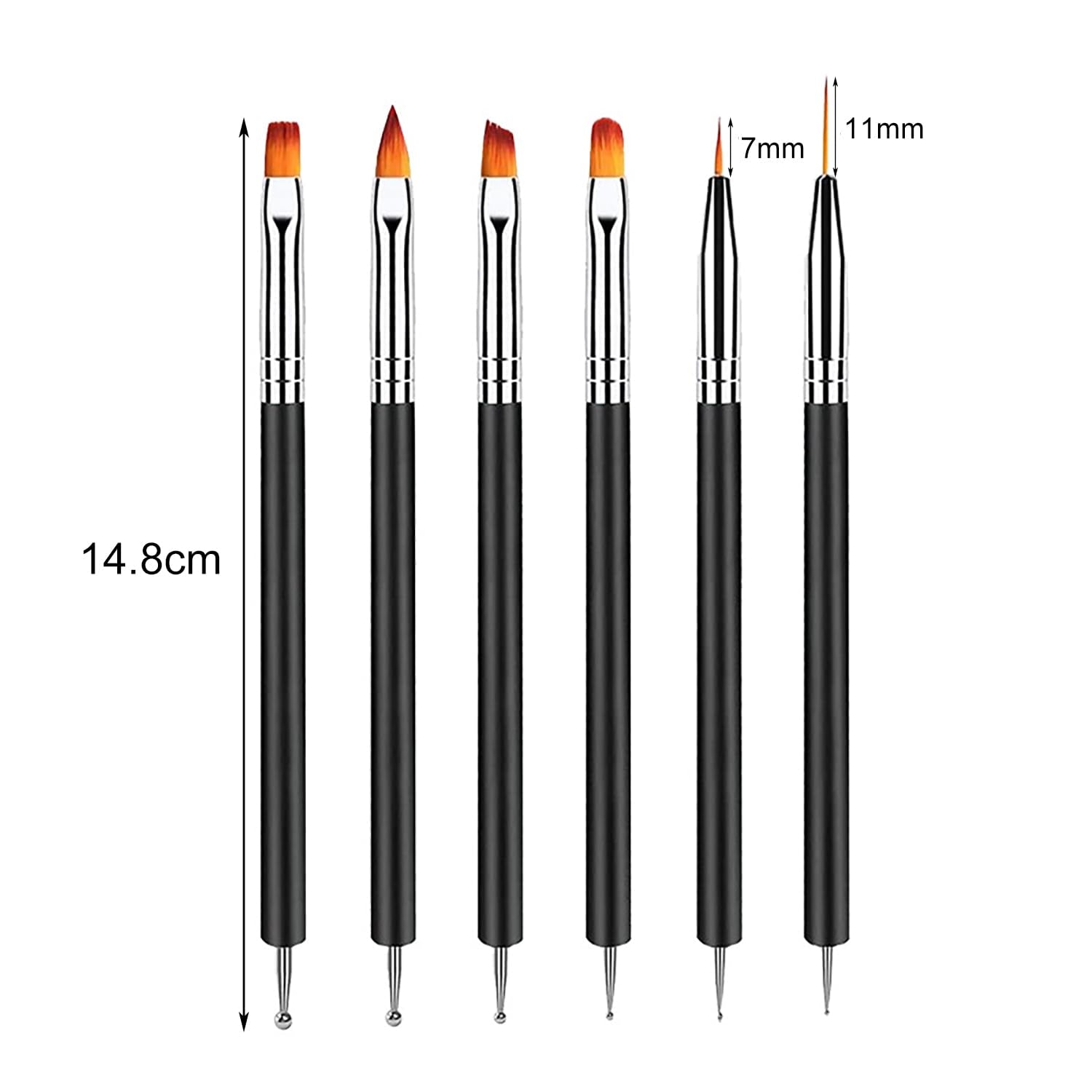 6 Stück Doppel-Ende Nagel Pinsel, Nageldesign Pinsel, Doppel-Ende Nail Art Pinsel Kit Professionelle Maniküre Werkzeuge Kit（Schwarz）