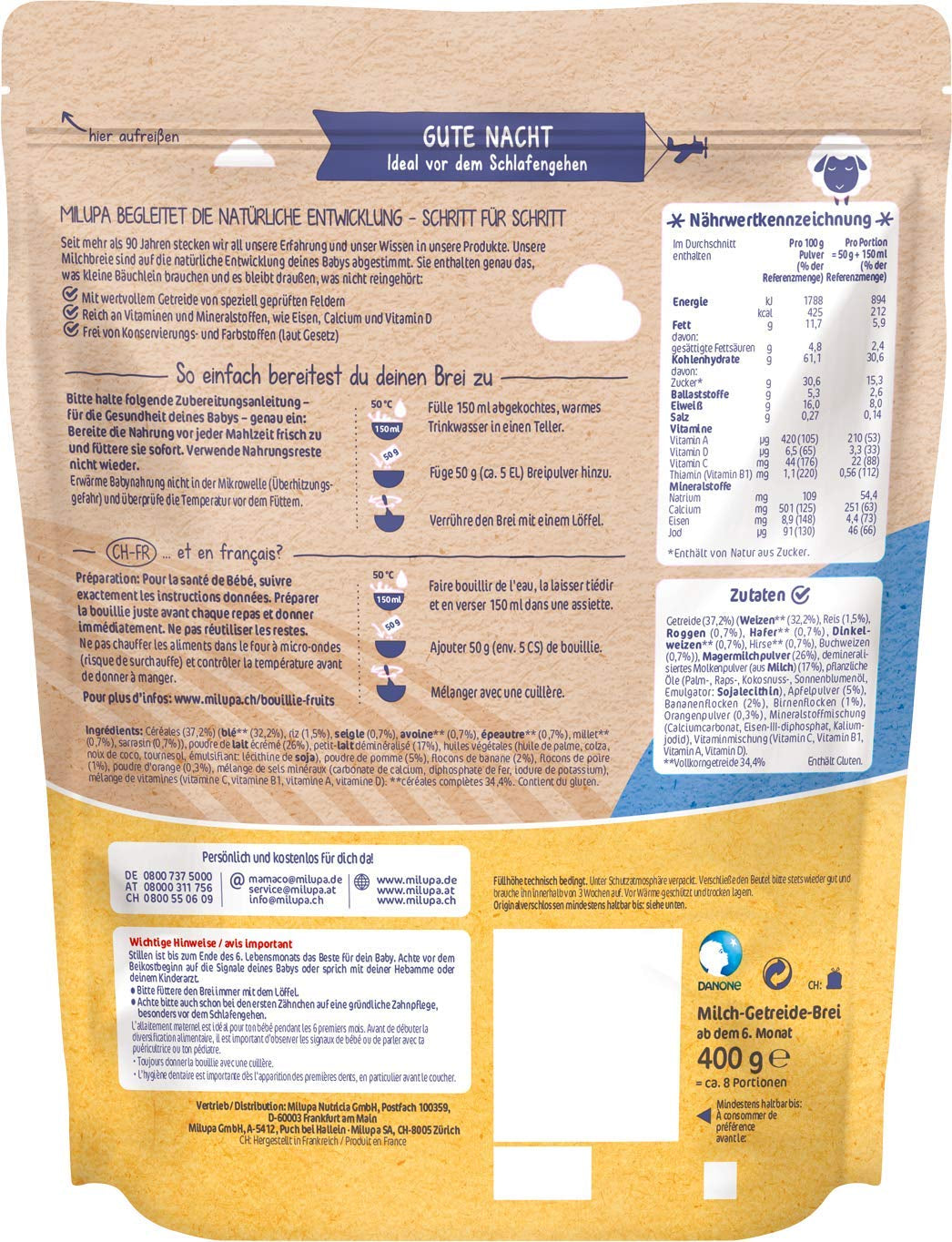 Milupa tejkása teljes kiőrlésű gyümölcsök - Kása gyerekeknek pálmaolaj nélkül, 6 hónapos kortól - 4 X 400 G (2 db-os kiszerelés) Anya és Gyermek Naty Shop