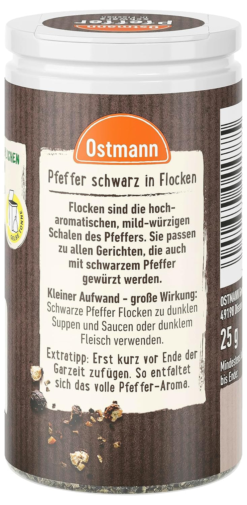Ostmann Gewürze - Schwarze Pfefferflocken | Grober Pfeffer für intensiv-schwarfen Gesmack | Mit praktischem Streuaufsatz | 25 g Der Streudose-ban