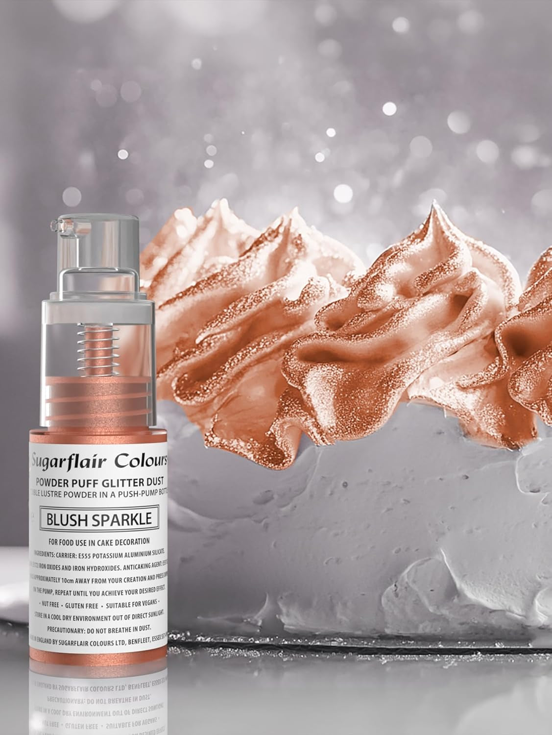 Spray pudră cu pompă Sugarflair, sclipici, Blush, sclipici - colorant alimentar pentru tort, spray fără aerosoli pentru torturi, brioșe și multe altele - 10 g