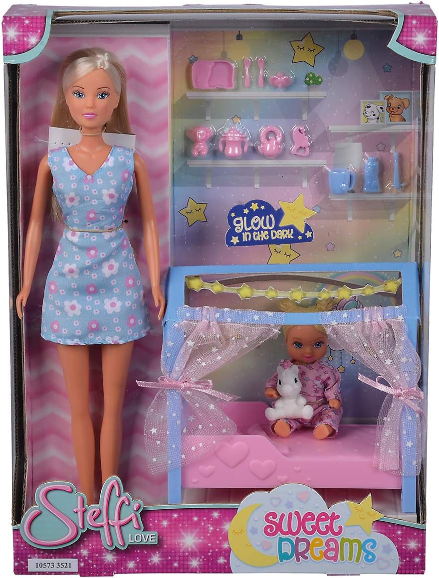 Simba Steffi Love Sweet Dreams / Păpușă cu bebeluș drăguț și pătuț / cu funcție de strălucire în întuneric / 12 piese / 29cm / Pentru copii cu vârsta de 3 ani și peste