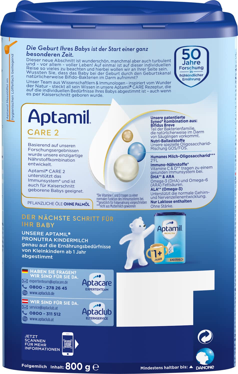 Aptamil Care 2 - 6 hónapos kezelés utáni tej, Omega 3 és 6 zsírsavakkal, DHA-val és ARA-val, pálmaolaj mentes, bébiétel, tejpor, 1 x 800 g (3 db-os kiszerelés)