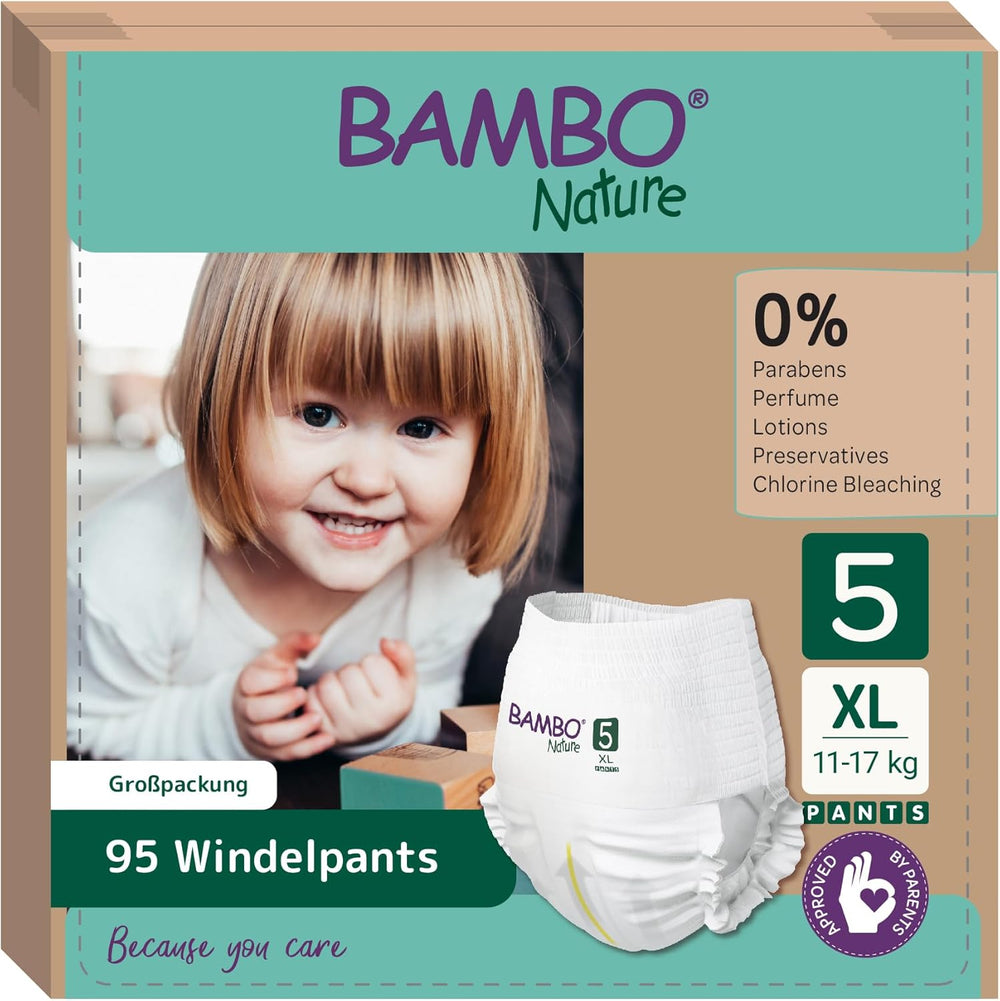 Bambo Nature pelenkák, 5-ös méret (11-17 kg) - Havi 95-ös doboz | Pelenkák továbbfejlesztett szivárgás elleni védelemmel | Maximális kényelem és szabadság az aktív gyerekeknek | Bőrgyógyászatilag tesztelt pelenkák