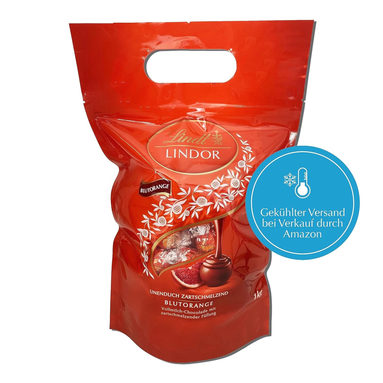 Lindt LINDOR Vörös narancssárga csokoládégolyók | 1 kg-os visszazárható zacskó | kb. 80 db csokoládé cukorka szájban olvadó töltelékkel | Tömeges csomag, csokoládé ajándék