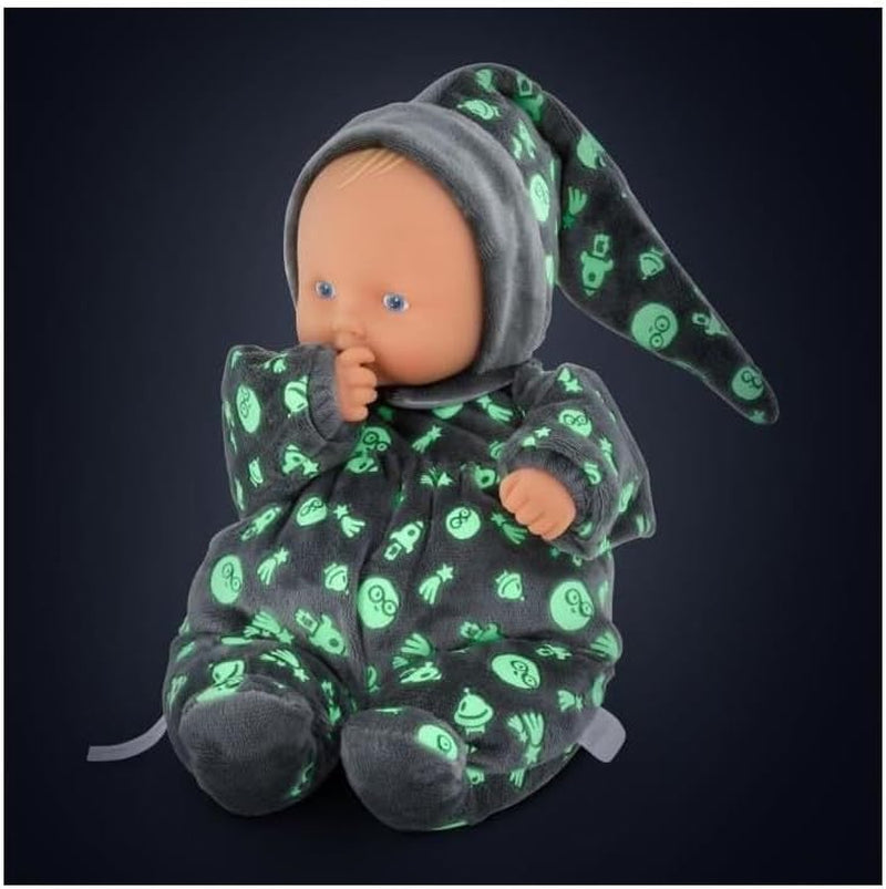 Corolle 9000020120 - Mon Doudou Babipouce Glow in The Dark, leuchtet im Dunkeln, extra weiche Schmusepuppe mit Vanilleduft, waschbar, 28cm, Behält den Daumen im Mund