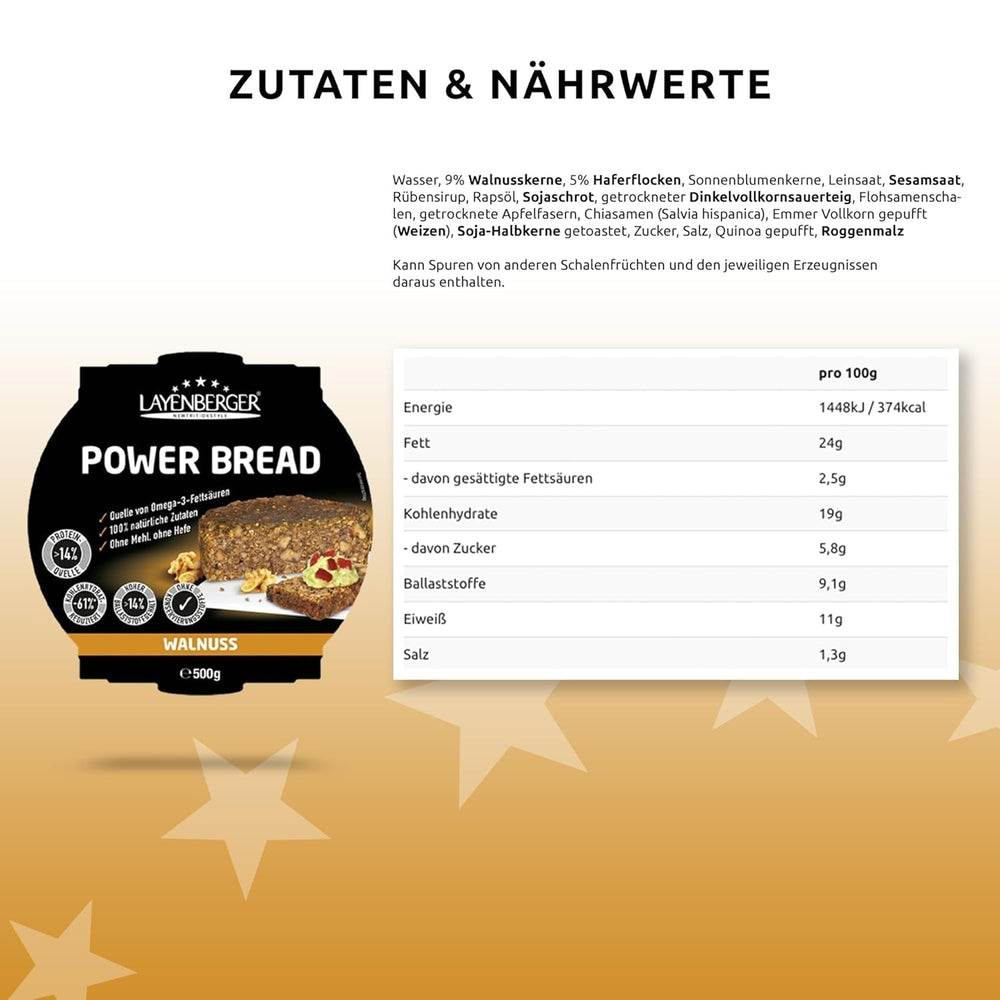Layenberger Prower Bread Walnuss, Eiweiß- Und Ballaststoffquelle, Ohne Konservierungsmittel, Ohne Hefe, Ohne Mehl, Mit 14G Protein Pro 100G, (1 X 500G) Amestec pentru copt si gatit Naty Shop