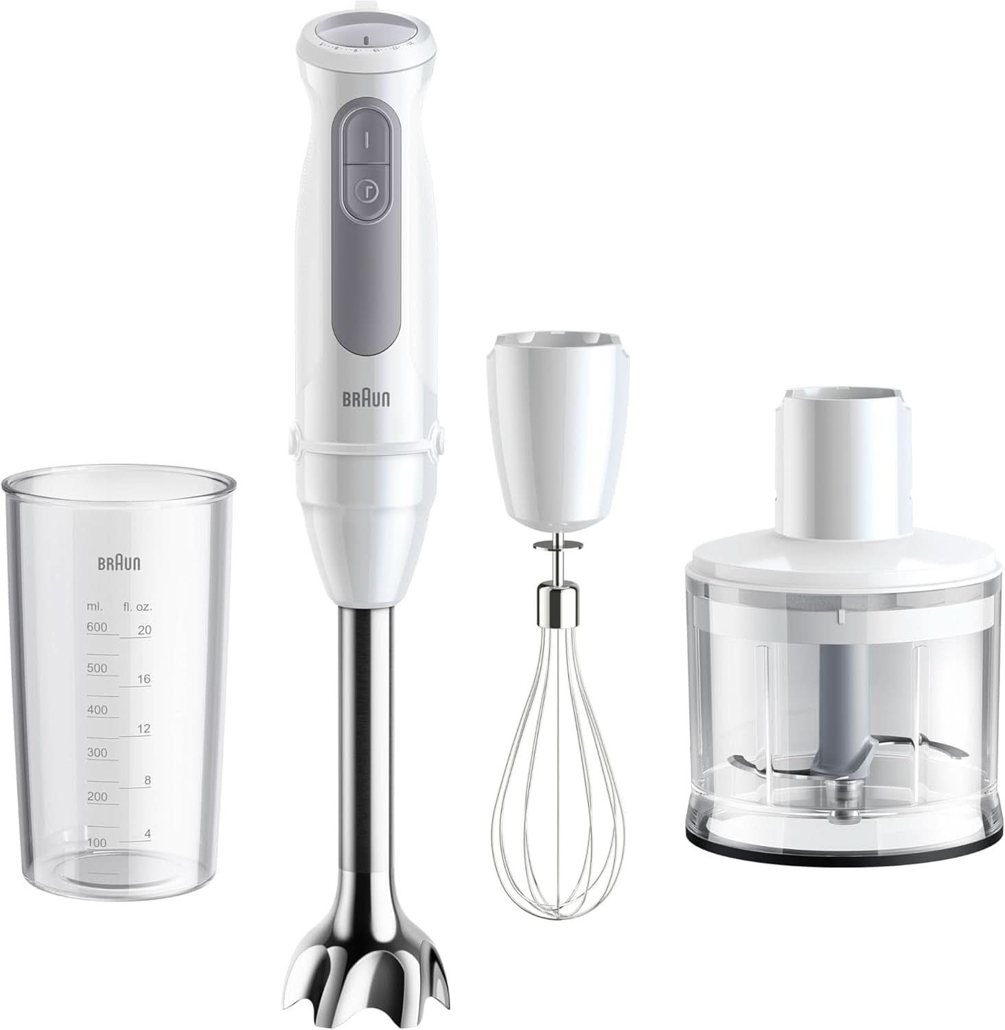 Braun Stabmixer MQ 5200WH - Multiquick 5 Vario Pürierstab Mit Edelstahl Mixfuß, 1000 Watt, Inkl. 600 ml Mix- & Messbecher, Weiß/Grau Kitchen Naty Shop 2024-es verzió - Schneebesen