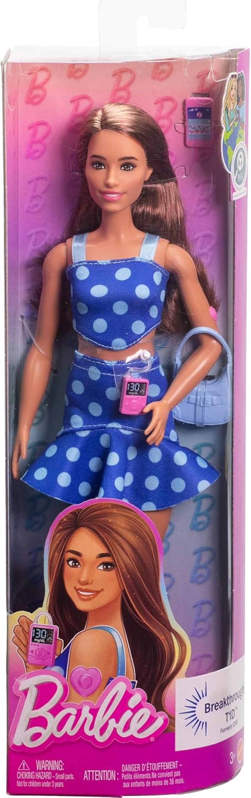 Păpușa Barbie Fashionistas #242, păpușă cu diabet zaharat de tip 1 și o ținută și accesorii cu buline, în colaborare cu Breakthrough T1D, HYT97
