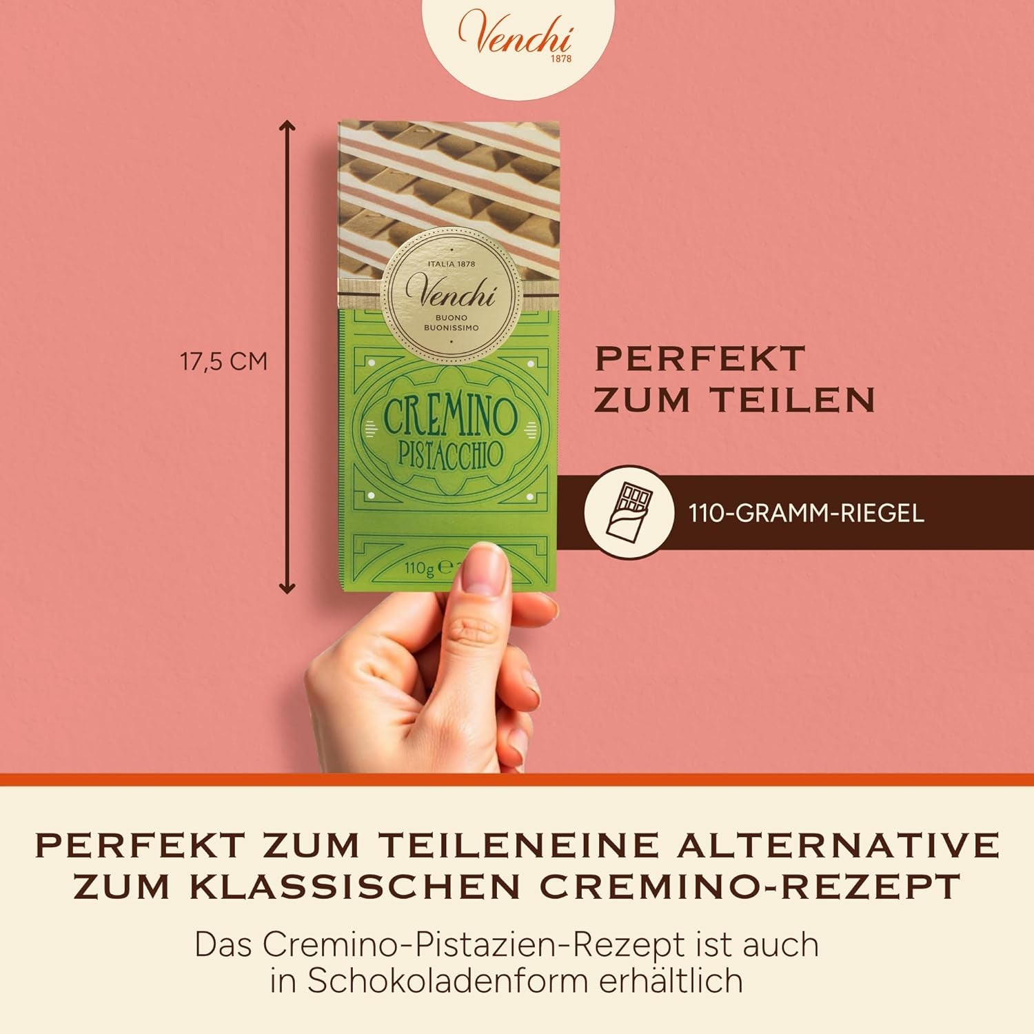 Venchi - Cremino pisztáciaszelet, 110g, tej- és fehércsokoládé tábla pisztácia pasztával, háromrétegű recept mediterrán ízekkel, gluténmentes, mesterséges színezék nélkül
