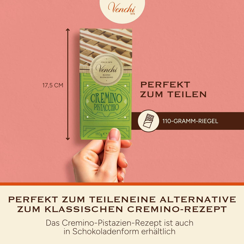 Venchi - Cremino pisztáciaszelet, 110g, tej- és fehércsokoládé tábla pisztácia pasztával, háromrétegű recept mediterrán ízekkel, gluténmentes, mesterséges színezék nélkül