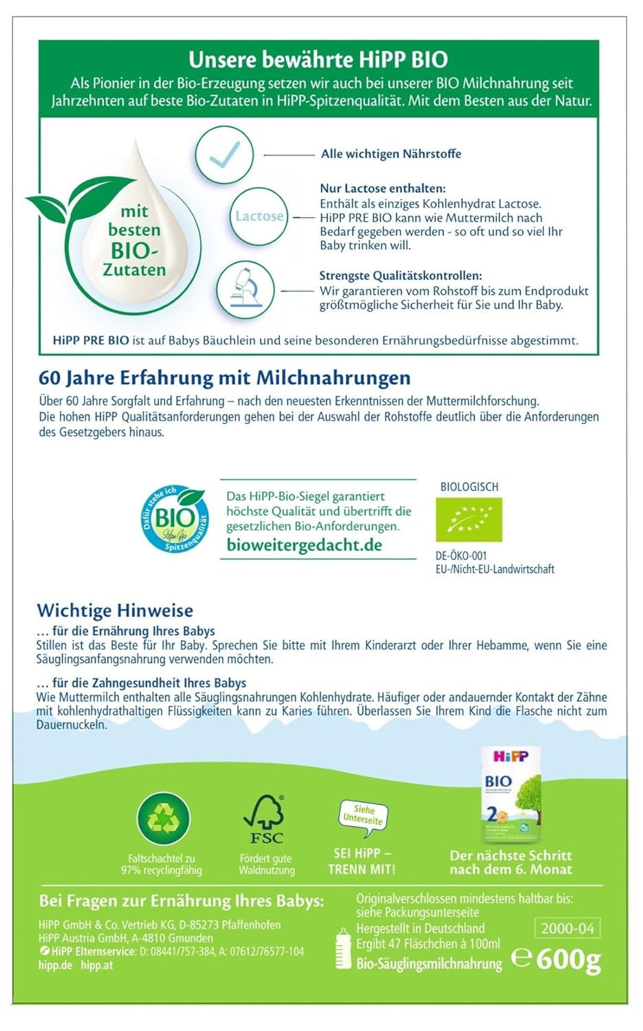 HiPP PRE bio csecsemőtej (4 x 600g), születéstől fogva, csak laktózt tartalmaz szénhidrátként, a legjobb bio minőségű