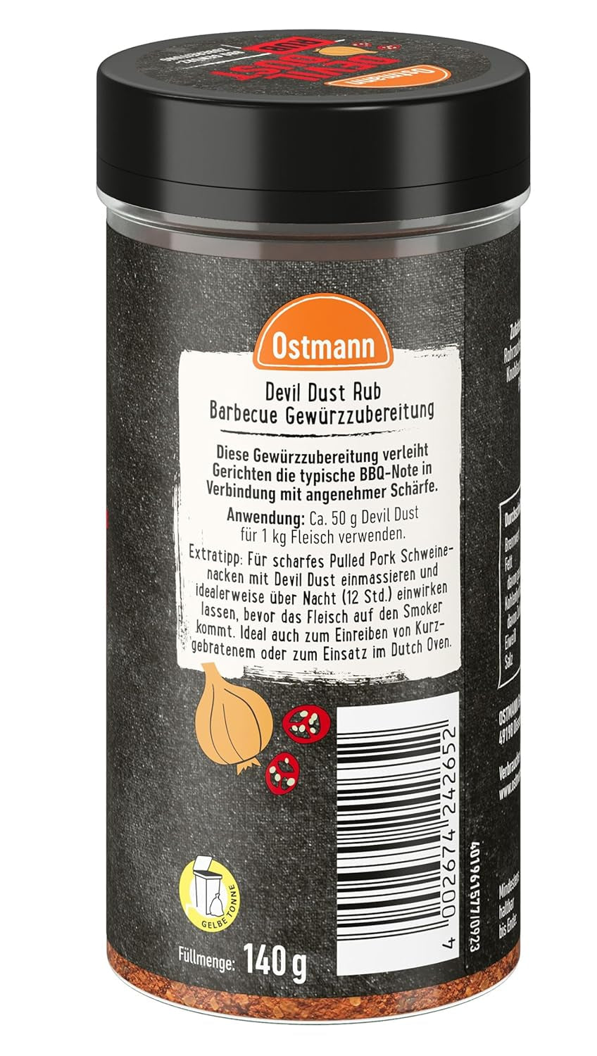Ostmann Gewürze - Ördögpor | BBQ Rub Gewürzzubereitung | Scharfe Trockenmarinade für Grillfleisch | 140 g Streuerben