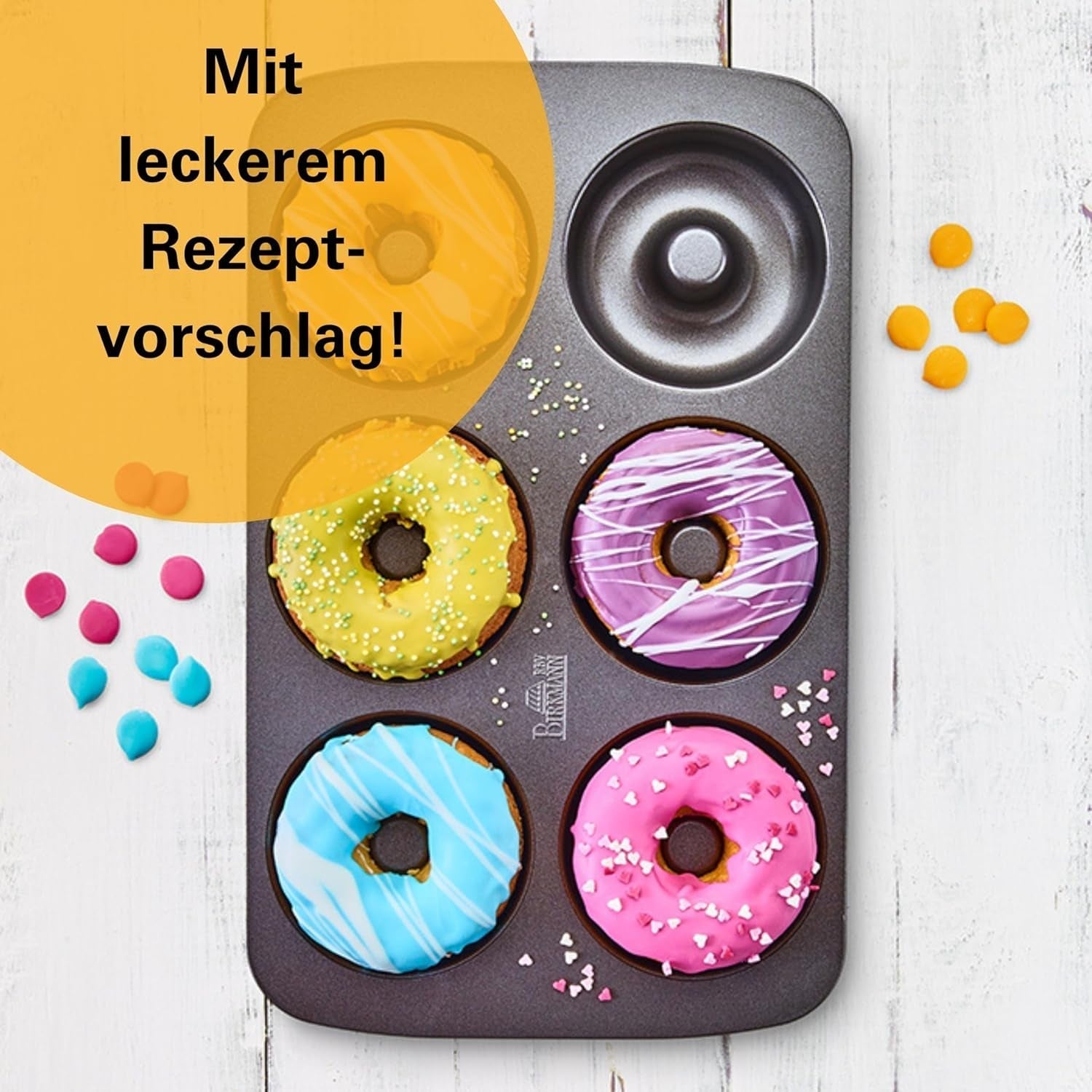Birkmann, Easy Baking, Donutblech, Backform Für 6 Donuts, Mit Hochwertiger Antihaftbeschichtung, Ø 9 cm, Mit Rezept, 881631 Sütőformák és tálcák Naty Shop
