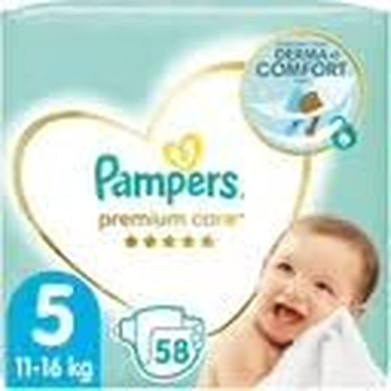 Pampers pelenkák 5-ös méretű (11-16 kg), prémium ápoló pelenkák, 58 darab, optimális kényelem és védelem az érzékeny bőr számára a Pamperstől