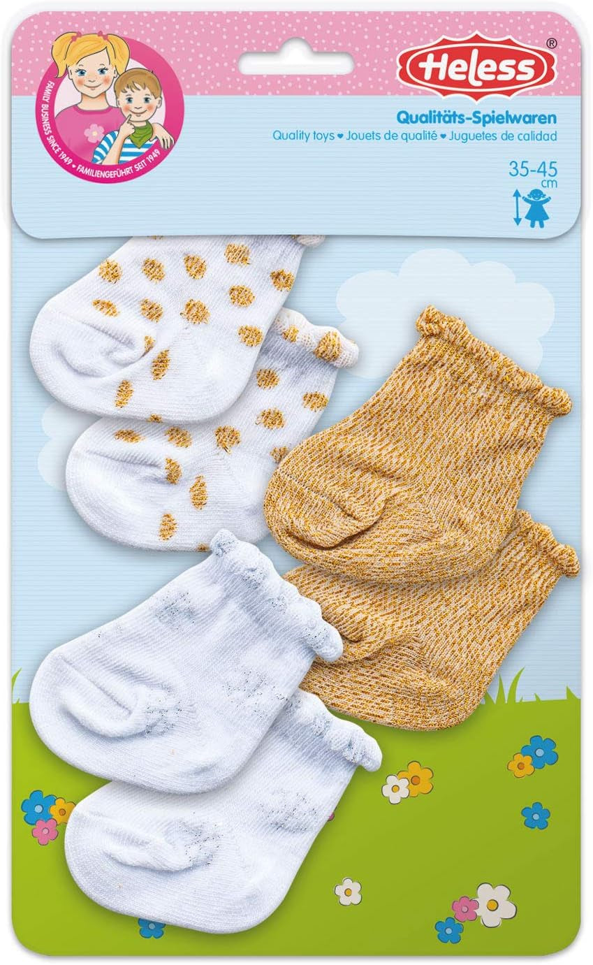 Heless 1711 - Söckchen mit Glitzer für Puppen, in den Farben Weiß, Gold und Silber, 3 Paar, Größe 28-35