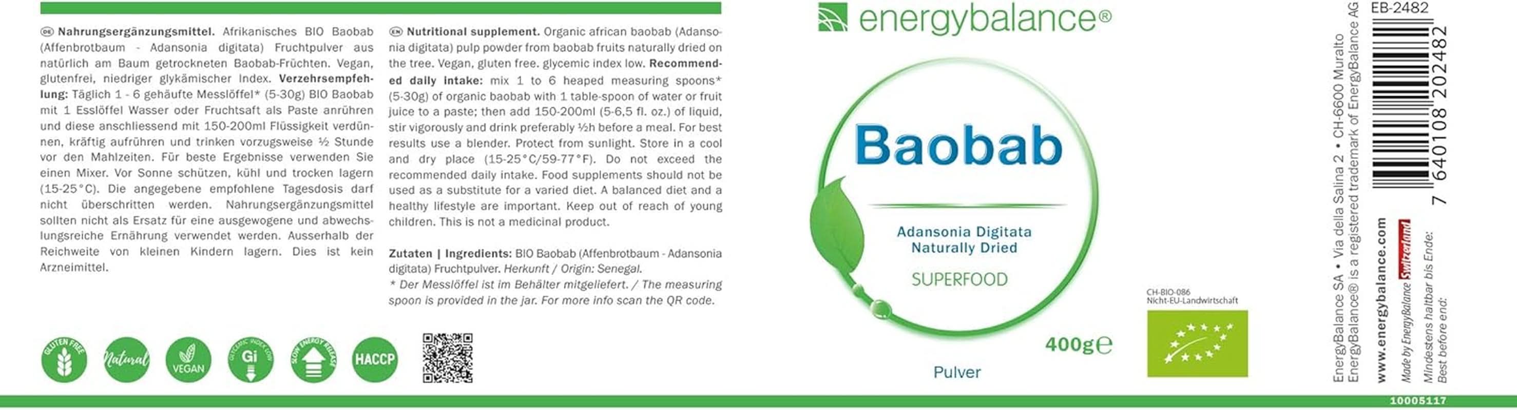 Baobab bio por - C-vitamin, kalcium, magnézium, kálium, 400 gramm Aromas Naty Shop