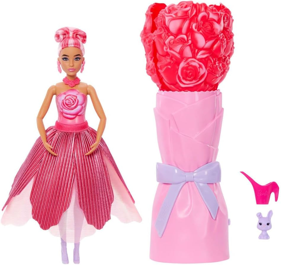 Barbie Petal Pop Duftende Puppe in rosa Tulpenkleid mit Zubehörteilen, Blumenstrauß-Überraschung mit Häschen und Überraschungen wie Einer Gießkanne, Halskette und Ohrringen, JMF57
