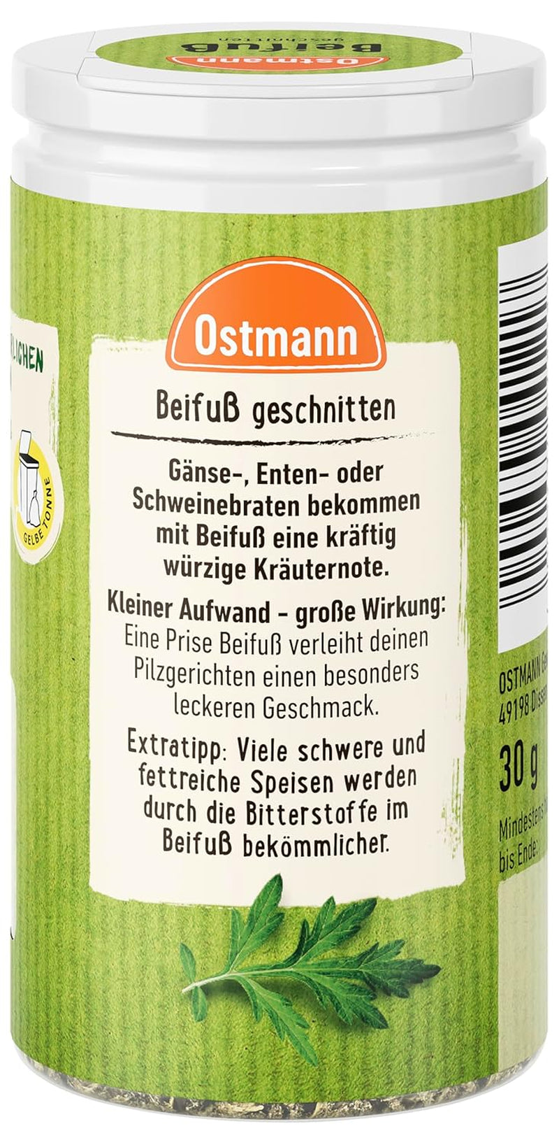 Ostmann Gewürze - Beifüß geschnitten | Kräutergewürz für Geflügelgerichte | 30 g in der Streudose