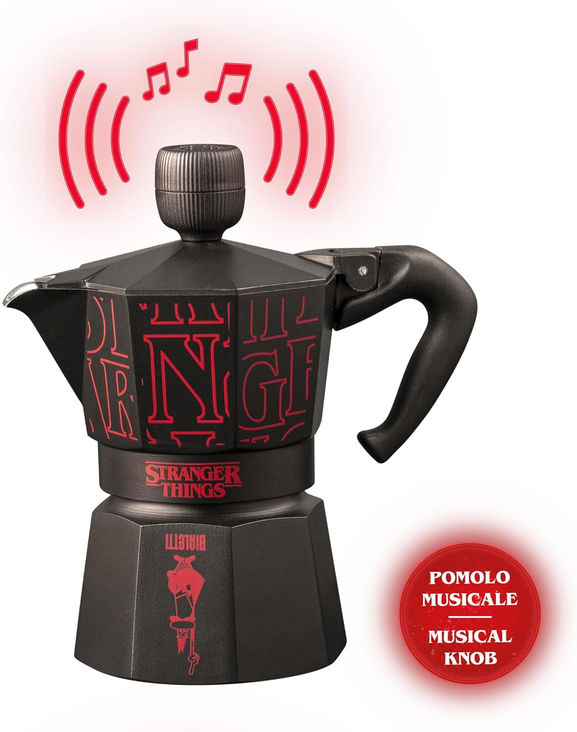 Bialetti Moka Express Stranger Things Cafetiera cu 3 căni, Buton muzical cu funcție de încărcare USB-C, Nu este potrivită pentru plite cu inducție, 3 căni (130 ml), Negru