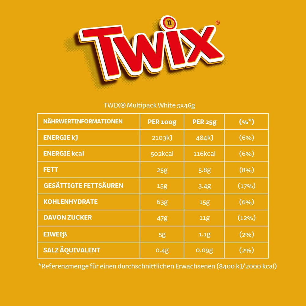 Twix fehér csokoládé; karamell, keksz, fehér csokoládé; több csomag csokoládé; 5 rúd (5 x 46 g)
