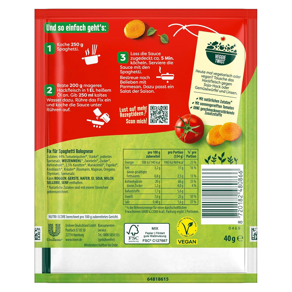 Knorr Fix Würzmischung Spaghetti Bolognese finom tésztaételhez természetes alapanyagokból 40 g