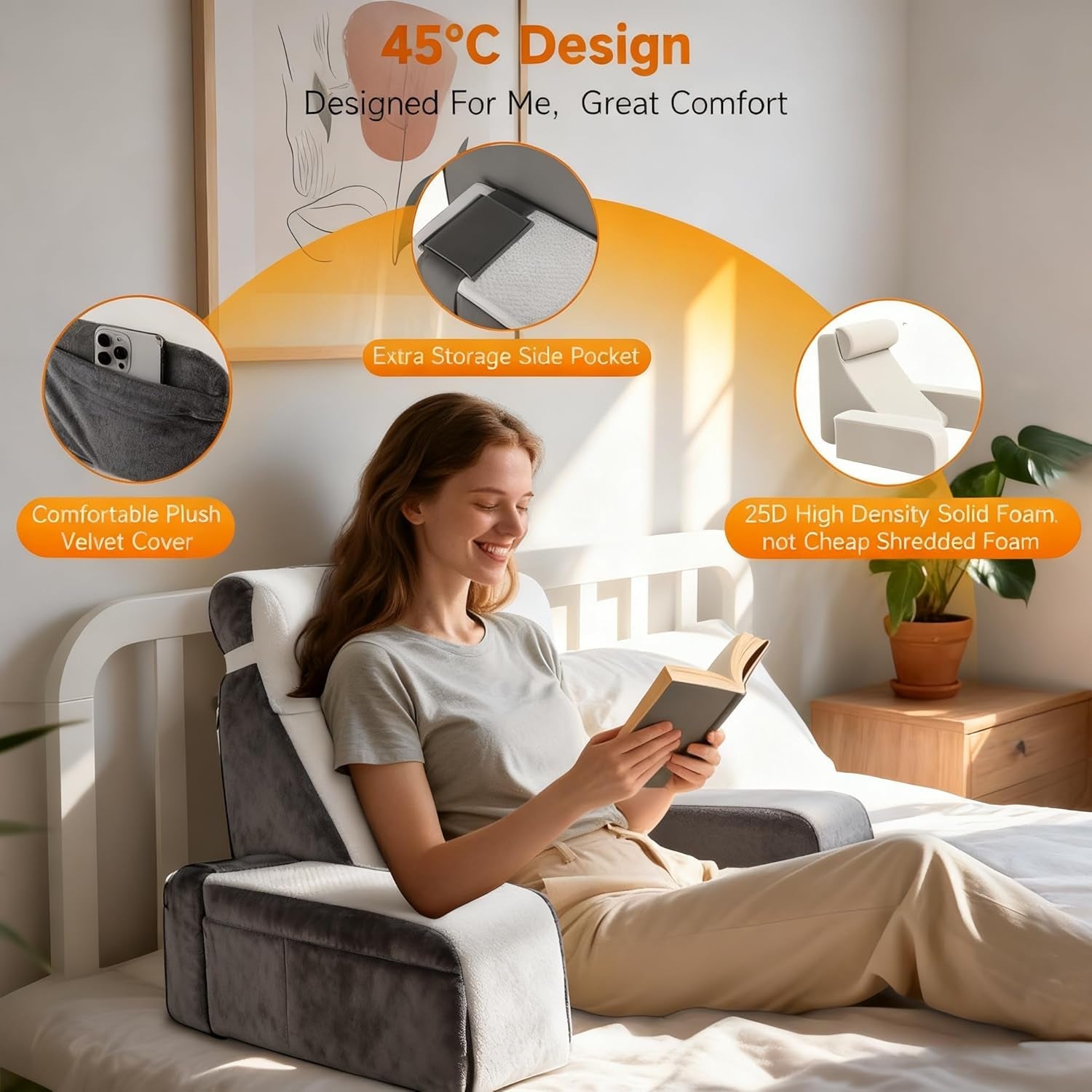 Pernă mare de citit cu suport pentru gât și cotiere detașabile, pernă pentru spate pentru pat, pernă ergonomică pentru spătar cu braț, buzunar și husă lavabilă pentru citit și vizionat la televizor.