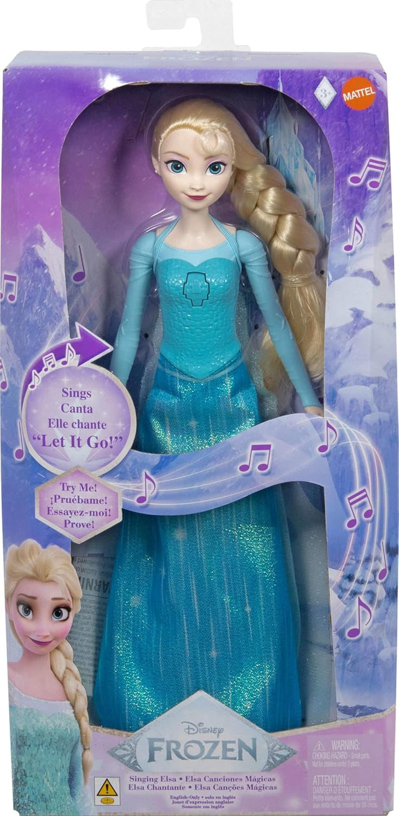 Jucăriile Mattel Disney Frozen, păpușa Elsa cântătoare în ținuta emblematică, cântă Let It Go din filmul Disney Frozen, pentru copii